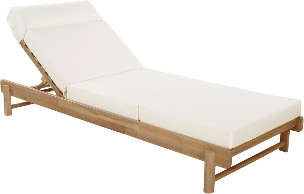 Outdoor Chaise Lounge, 4-Fold Cushion with Built-in Headrest, Acacia Wood Recliner Chair with Slatted Design