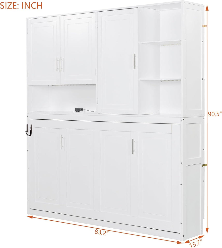 Twin Wall Murphy Bed with Top Cabinet, Shelves,Space Saving Foldable Bed with Light & USB,Sleeping Arrangement for