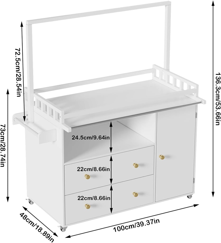 Baby Changing Table, Infant Diaper Changing Station with Wheels & Wide Table Top & Clothes Rail, Baby Changing Table