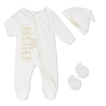 Newborn Baby Boy Outfits Zippered Romper Letter Embroidered Coming Home Jumpsuit with Hat Mittens