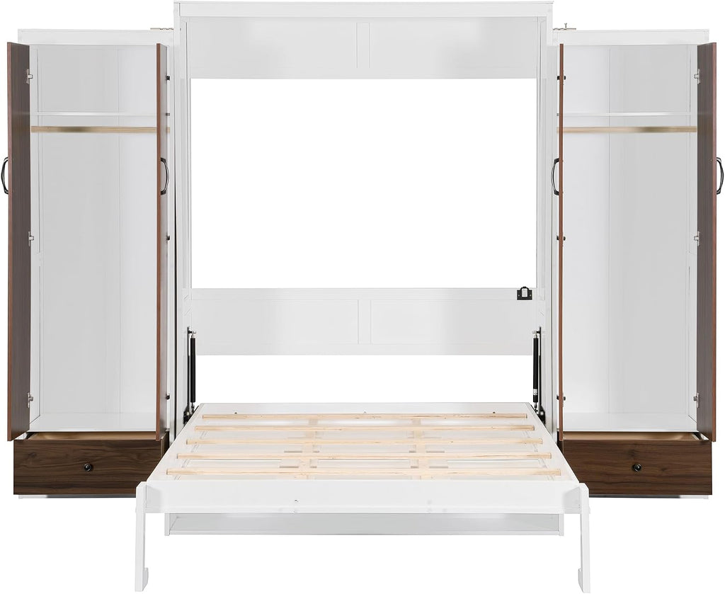 Queen Murphy Bed, Wooden Queen Wall Bed with Closet, Drawers and Desk, White