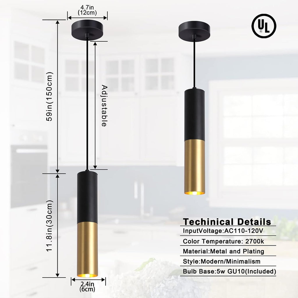 Modern Pendant Light Fixture Kitchen Island | 1-Light Black Gold GU10 Hanging Light Cord Adjustable Cylinder Pendants