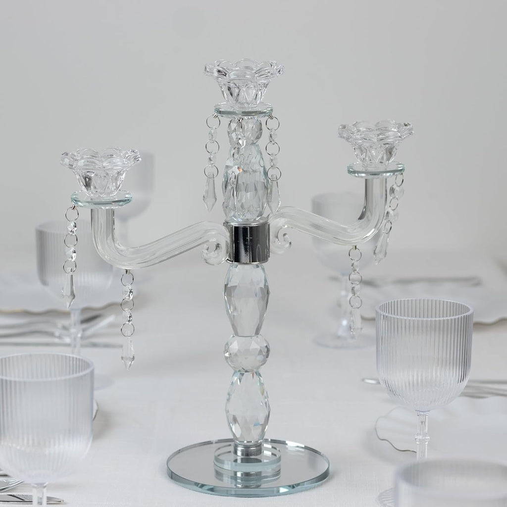 Crystal 3-Arm Candelabra Taper Candle Holder with Hanging Prisms & Round Mirror Base - Faceted Cut Glass Design - 14"