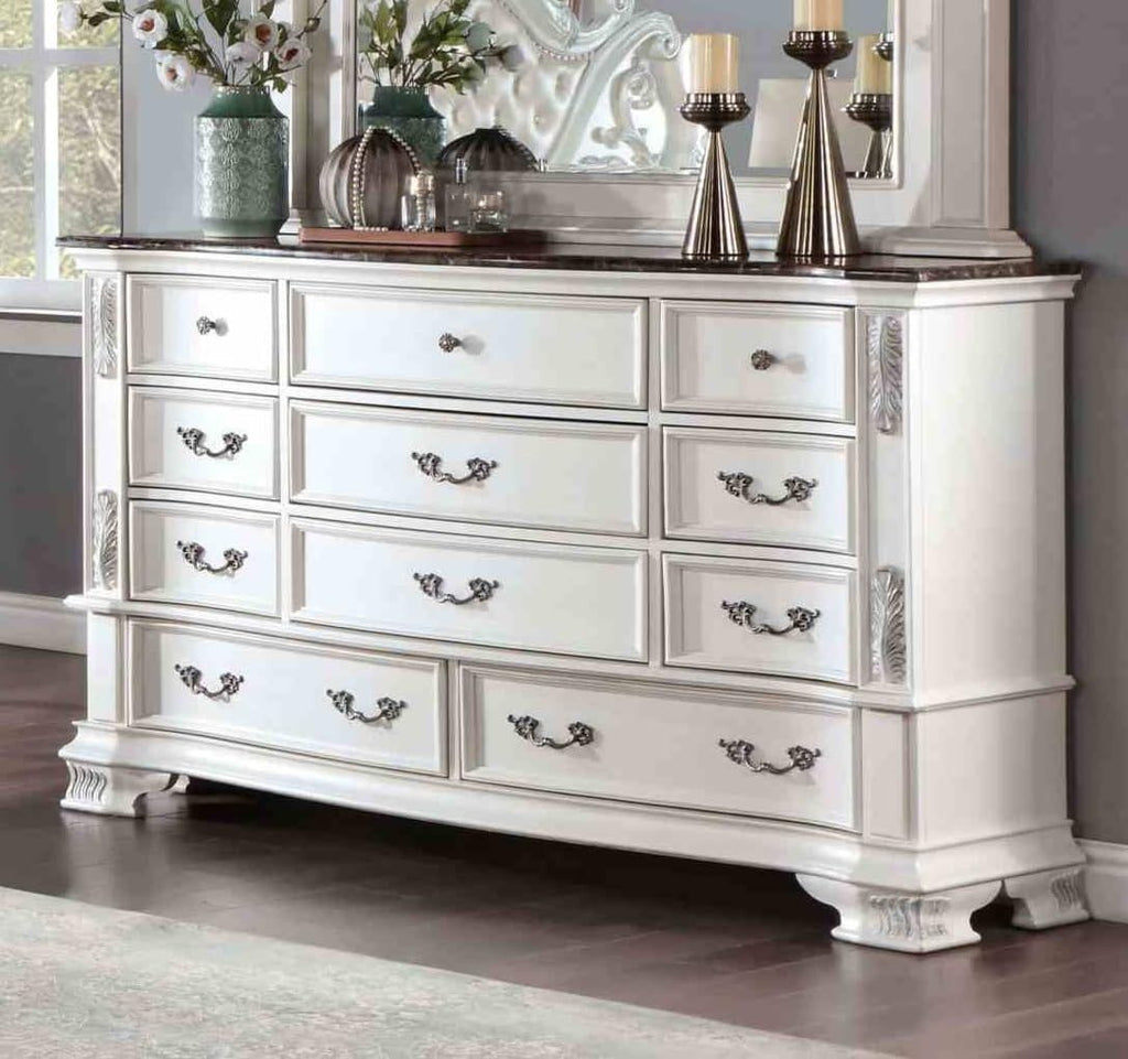 Luxury White 1pc Dresser Dovetail Drawers Genuine Marble Top Bronze Round Knob and Hanging Pulls Bedroom Traditional