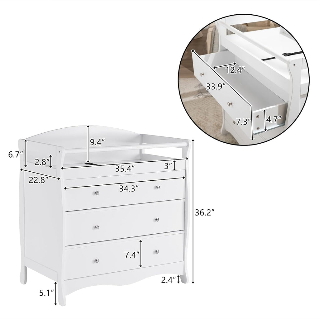 Changing Table Dresser Baby Diaper Changing Station, White | Infant Nursing Table with 3 Drawers, Safety Rail & Strap