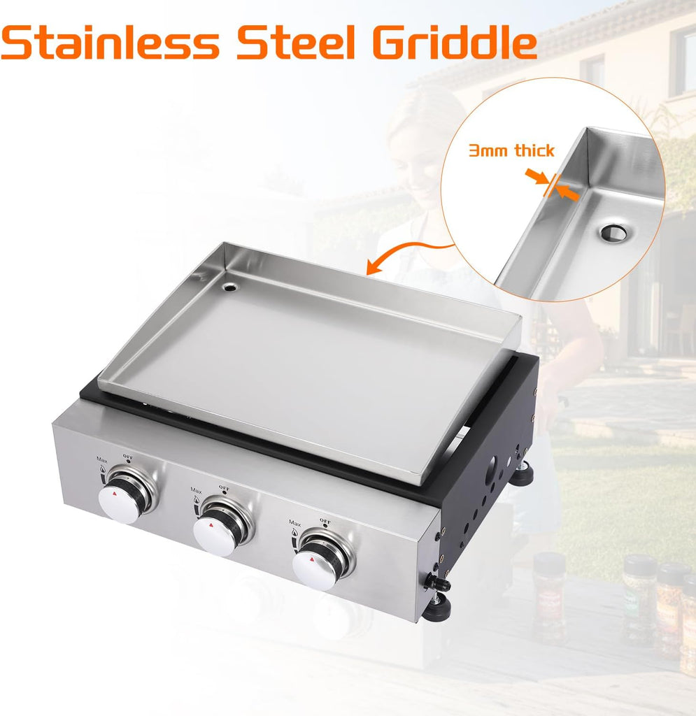 3-Burner Portable Tabletop Propane Gas Griddle, Stainless Steel Cooking Surface with Protective Cover and Regulator for Camping, Tailgating, and Outdoor Cooking