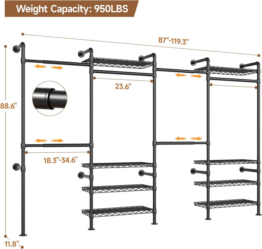 Wall Mounted Garment Rack, Industrial Pipe Metal Clothing Rack with 6 Hanging Rods (4 Expandable) & 8 Shelves, Closet