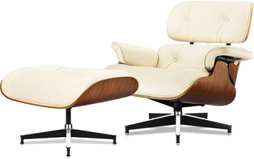 Inspired Eames Style Lounge Chair and Ottoman — Cream Bonded Grain Leather, Walnut Base, Tall Back