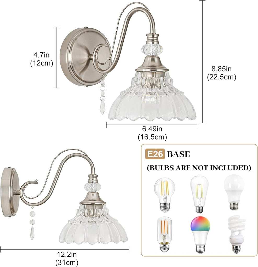 1 Piece Brushed Nickel Finish Wall Sconce, 1-Light Modern Wall Sconce with Hanging Crystal Accents and Flower-Shaped