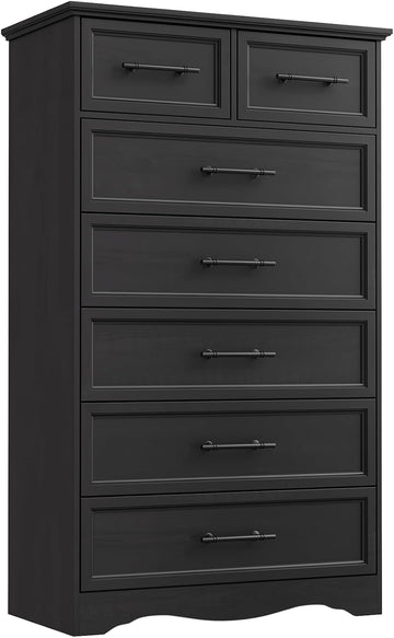Black 7 Drawer Dresser , 52" Tall Chest of Drawers | Brushed Metal Handles, Unique Base Design, Replicated Wood Grain