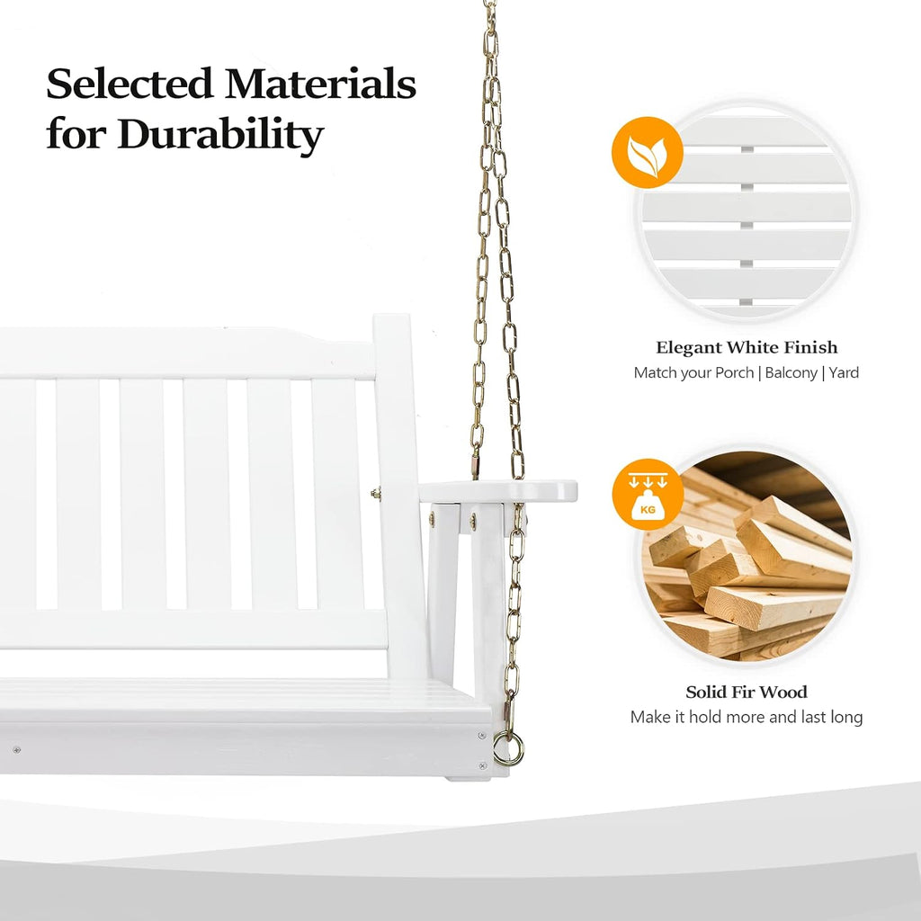 Upgraded 4 FT Wooden Porch Swing, 880 LBS Solid Fir Wood, White | Heavy-Duty Fir Wood Frame; 880-Lb Capacity;
