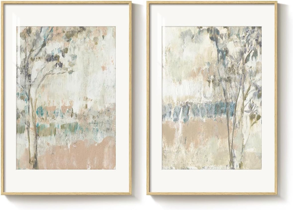 Framed Neutral Abstract Landscape Wall Art , Large Set of 2 Minimalist Tree Canvas Artwork for Walls, Modern Nature