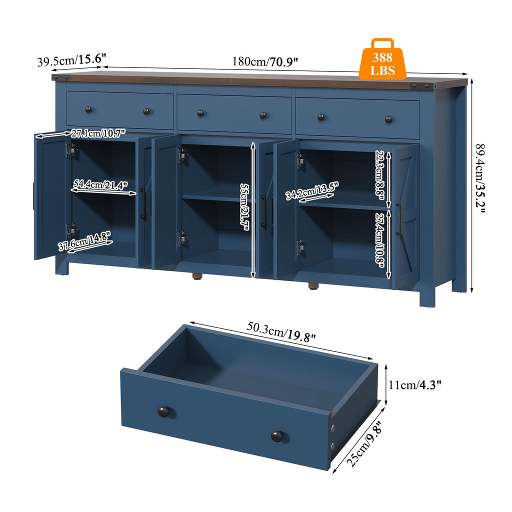 71" Large Sideboard Buffet Cabinet with Storage, Modern Farmhouse Coffee Bar with 3 Drawers and 6 Barn Doors, Dining