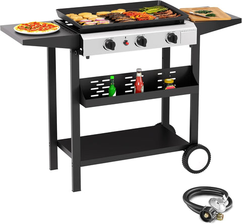 2-Burner Outdoor Propane Gas Griddle, 17-Inch Flat Top Grill, 20,000 BTU Portable Griddle with Side Shelves