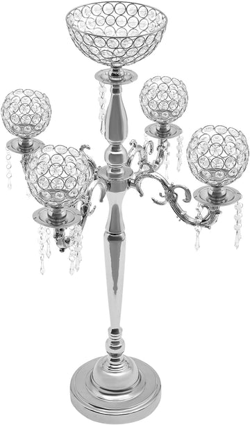 5 Arms Gold Candelabra Centerpiece with Crystal Pendant - 35" Tall Floor Candle Holder Table Candelabra Standon (Silver)