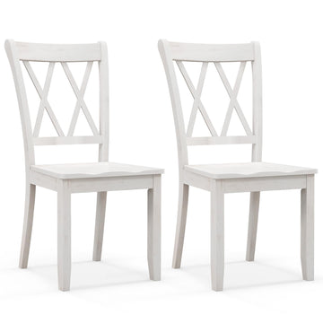Wood Set of 2 Cream White, Armless Kitchen Chair w/Rubber Wood Frame, Cross Back, Contoured Seat, Farmhouse Wooden