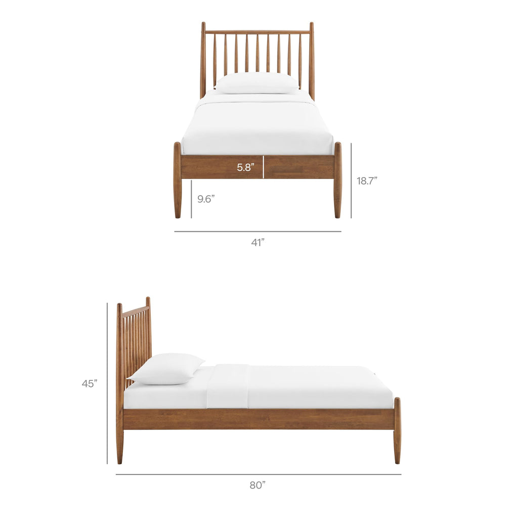 Zane Twin Size Spindle Bed in Walnut - Solid Wood Platform Bed Frame with Headboard, No Box Spring Needed
