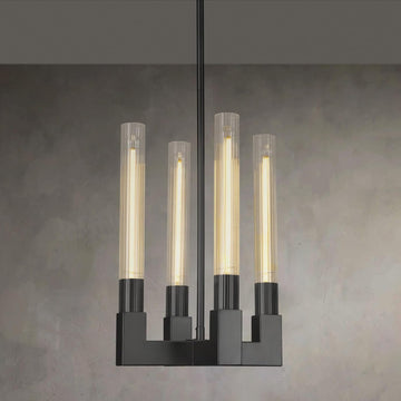 Inspired Cannele Style Glass Tube Black Pendant Lights Kitchen Island,4-Light Modern Farmhouse Pendant Light,Black Copper Kitchen Pendant Lighting Over Island,Indoor Chandeliers for Dining Room,Bedroom,Entryway