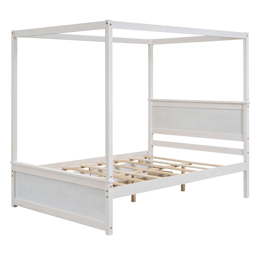Full Size Canopy Platform Bed with 2 Drawers, Wooden Bed Frame with Support Slats, No Box Spring Needed, Brushed White