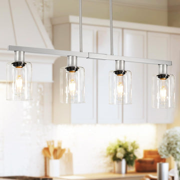 Brushed Nickel 4-Light Kitchen Island Lighting, Adjustable Island Lights with Clear Glass Shades - Kitchen Pendant