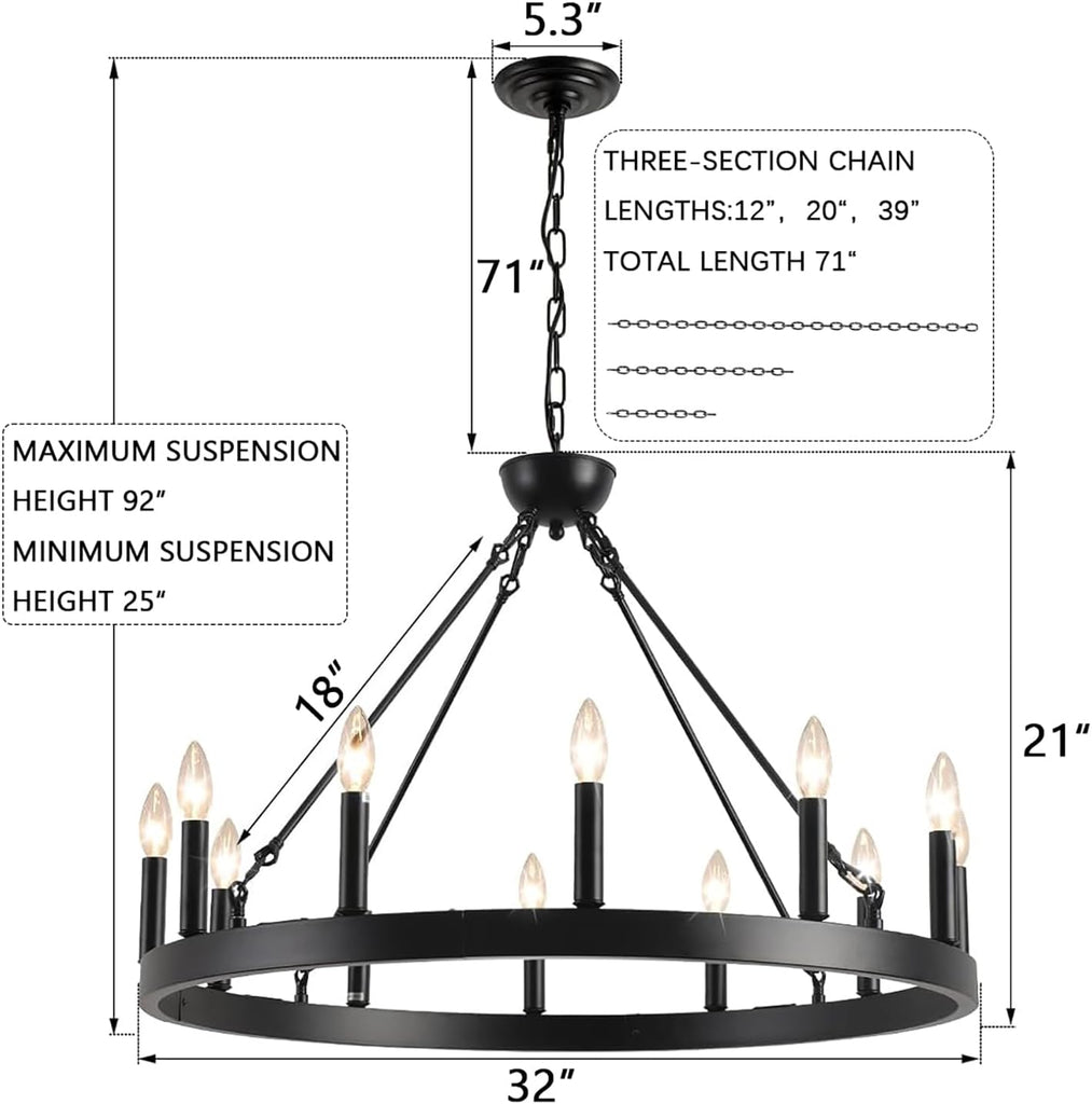 Black Wagon Wheel Chandelier 32 inch,12-Light Farmhouse Wagon Wheel Chandeliers Round Industrial Ceiling Light