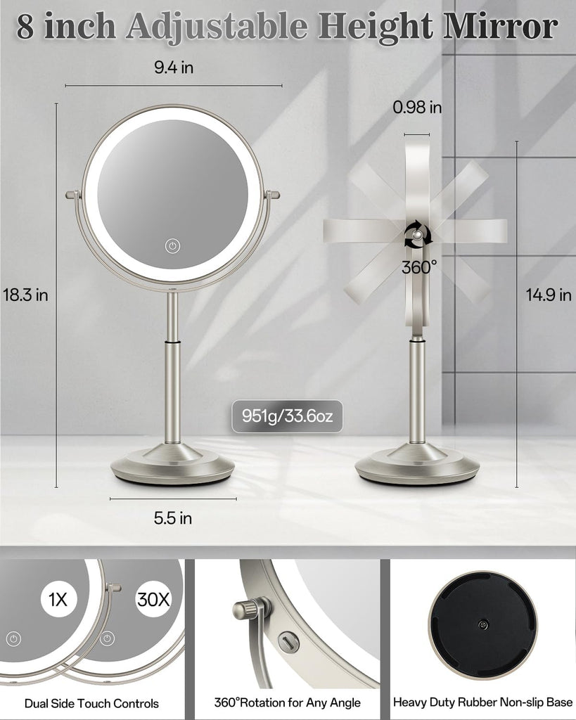 Makeup Mirror with Lights, 1X/30X Lighted Magnifying Mirror Height Adjustable, 3000mAh Rechargeable Double Sided