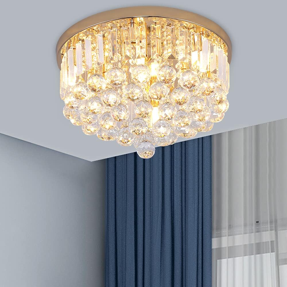 Mini Crystal Chandelier Ceiling Light,Flush Mount Modern Round K9 Crystal Raindrop Ceiling Lighting Fixture for