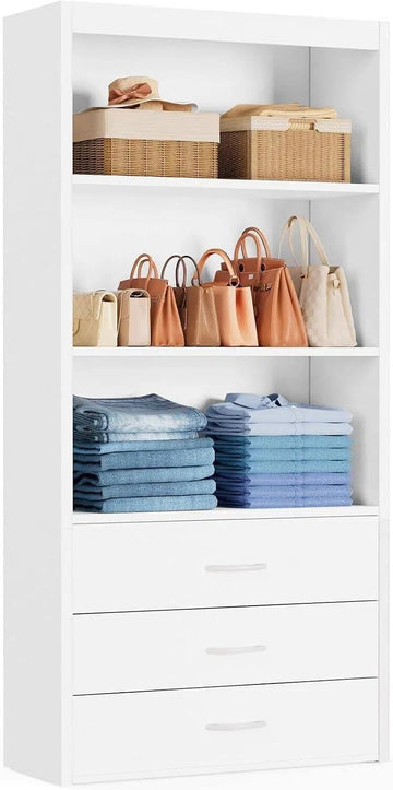 24"W Closet Organizer System with 3 Drawers & Shelves, White | DIY Modular Closet Organizer, Freestanding Wood Closet