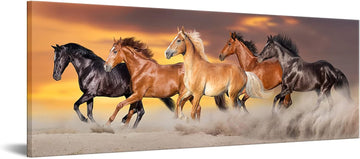 Large Size Canvas Prints Running Horse Herd Rungallop Desert Dust Against Dramatic Sky Panorama Wall Art Gallery