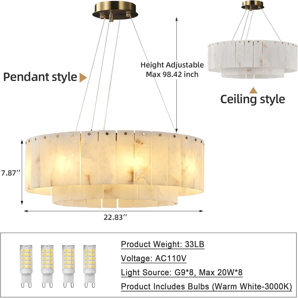 D23in Alabaster Round Chandelier, Modern Marble Dining Room Chandeliers, 2 Tiers Brass Drum Pendant Light Fixtures, Gold Ceiling Light Chandelier for Living Room, Bedroom Lights, Foyer, Kitchen