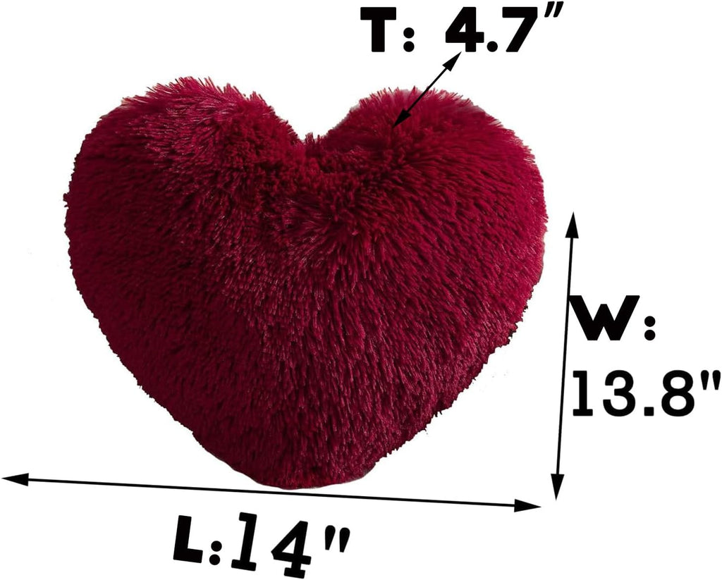 Fluffy Heart Throw Pillows, Shaggy Decorative Pillow, Cute Room Decor Decorations for Women Girls Kids (Dark Red)