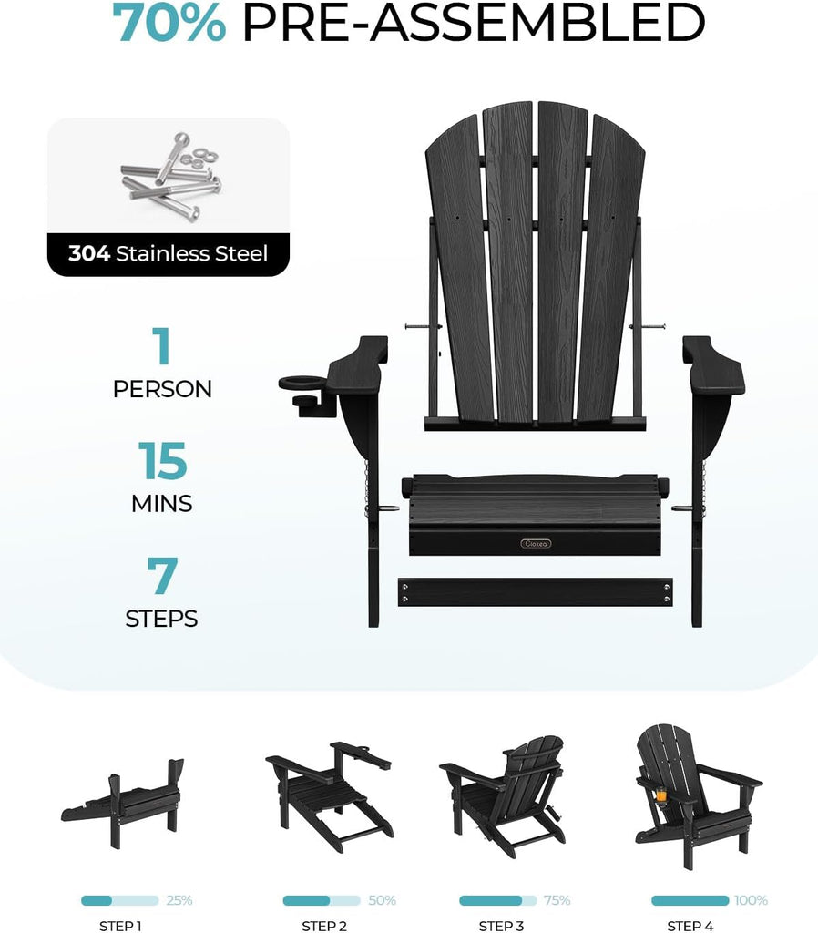 Folding Adirondack Chair Wood Texture , Weather Resistant, Plastic Fire Pit Chair with Cup Holder, Lawn Chair for