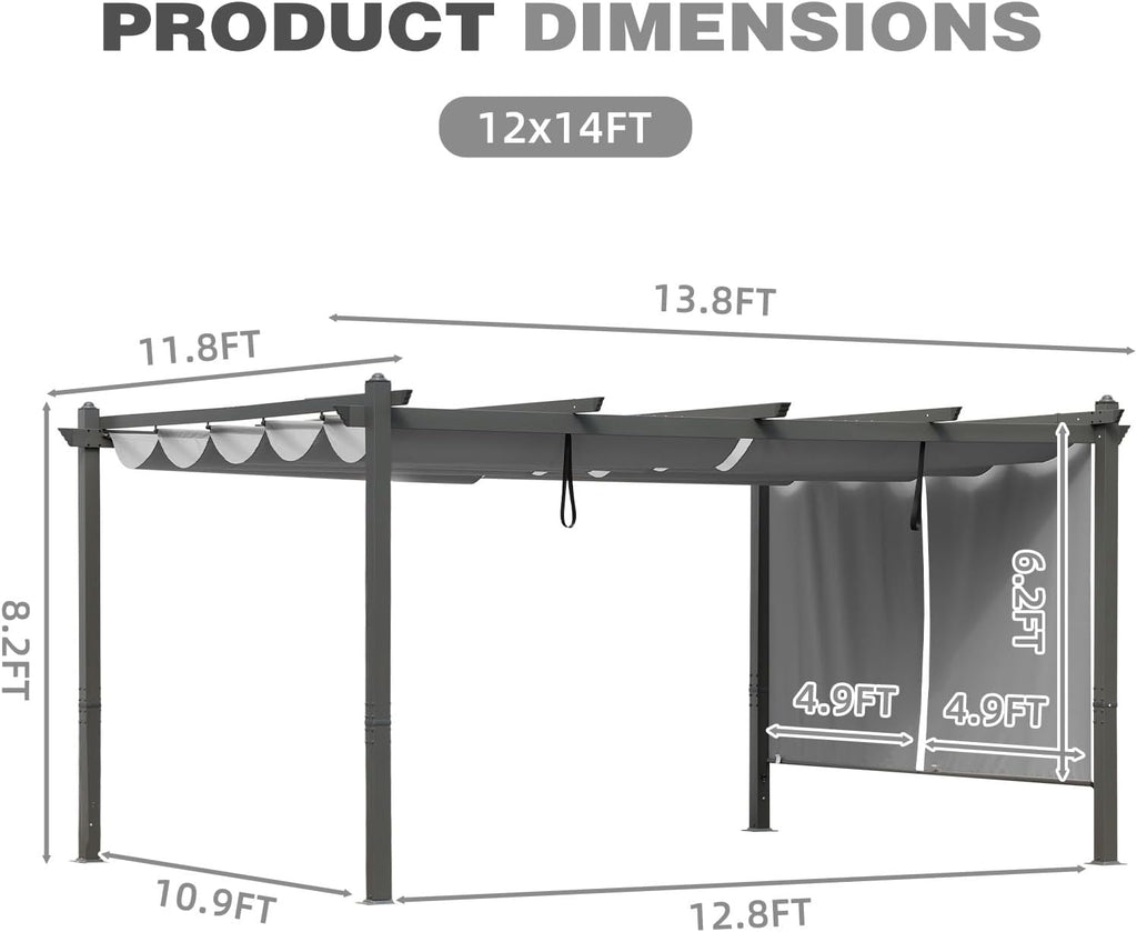 12x14 FT Outdoor Pergola - Retractable Shade Canopy with Aluminum Frame & Roller Shade Curtains for Patio