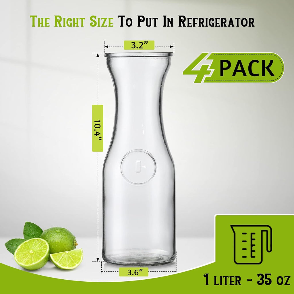 Set of 4 Glass Carafe with Lid, 1 Liter Beverage Serveware Carafe, Clear Glass Pitcher for Mimosa Bar, Brunch, Cold