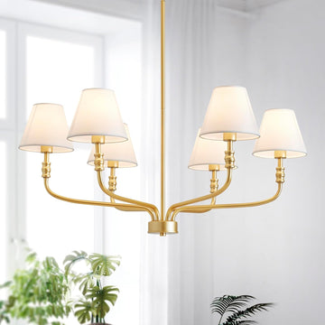 Gold Farmhouse Chandelier for Dinning Room, Modern Pendant Lighting Fixture for Living Room, Entryway, 6-Light with White Fabric Shades, H40 x D30 x W30