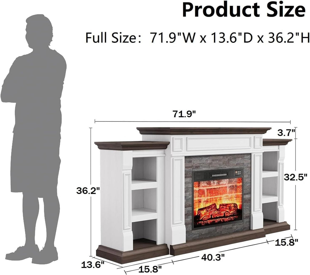 72" Electric Fireplace with Mantel and Cabinets, Fireplace TV Stand for Living Room Bedroom, Stacked Stone Surround