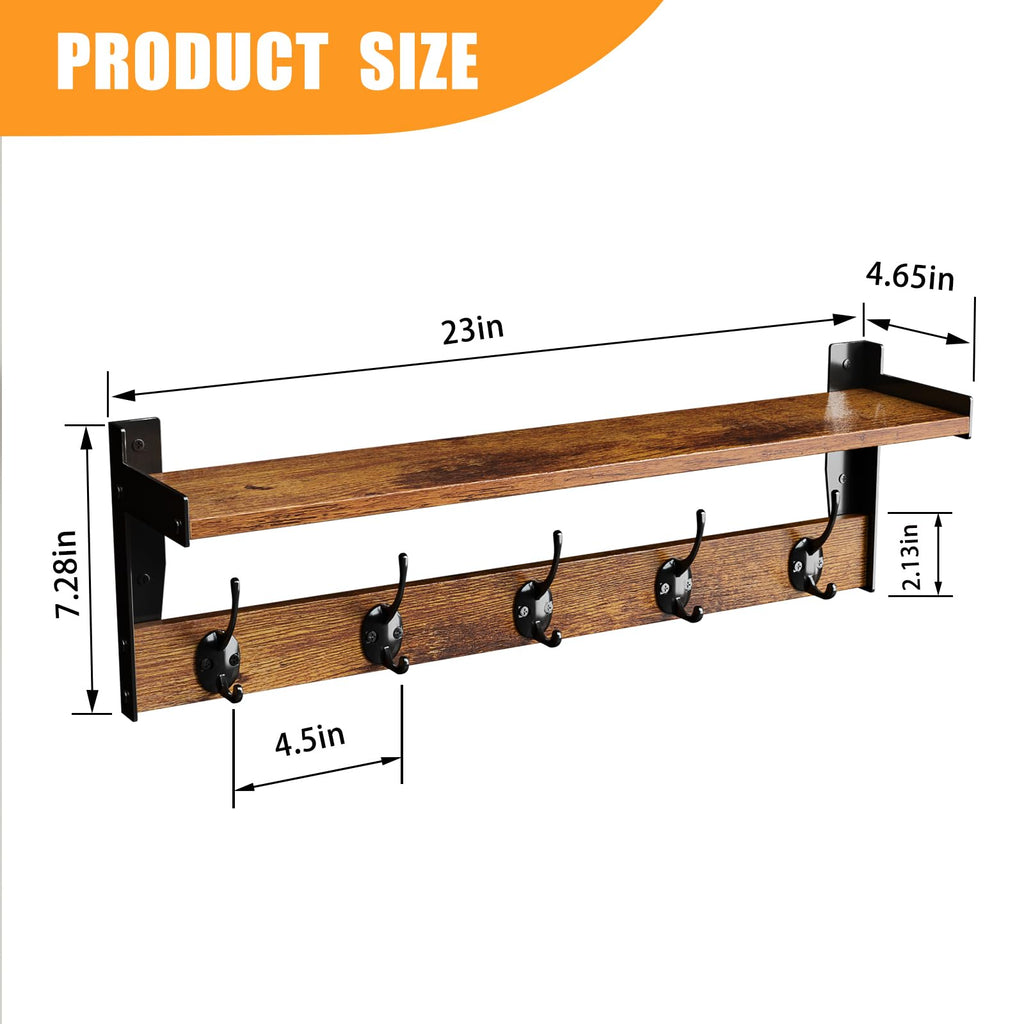 Coat Rack with Wall Mount, 23 Inch Long Entryway Wall Shelf with Hooks, Wood Hanger with Storage Shelf, Rustic Brown