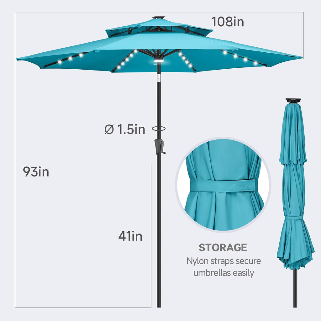 2 Tiers 9ft Solar Light Patio Umbrella, 40 LED lights outdoor umbrella with Centre Surround Light