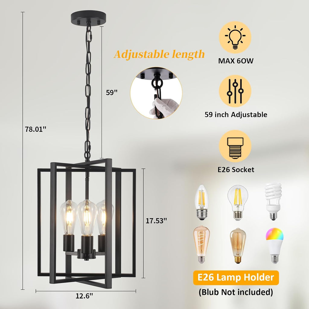 Black Farmhouse Modern Chandelier Light Fixture for Dining Room, 3 Light Rustic Kitchen Island Metal Pendant Hanging