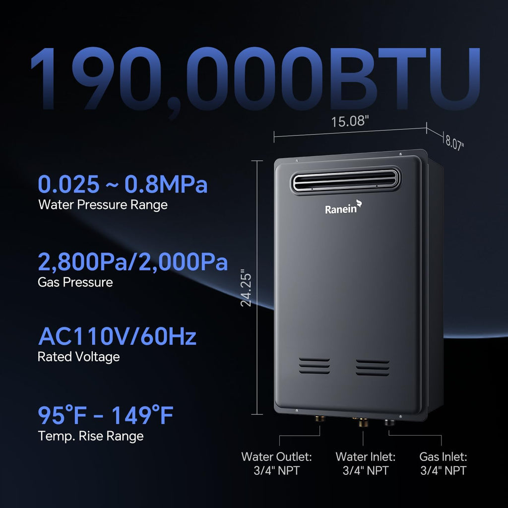 Propane Gas Tankless Water Heater, Outdoor Max 8.5 GPM, 190, 000 BTU Instant Hot Water Heater