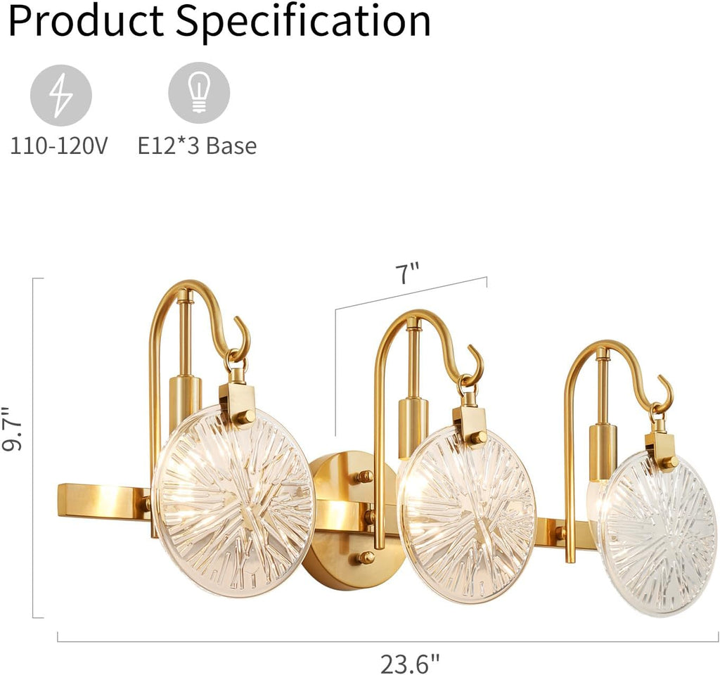 3-Light Bathroom Light Fixture Over Mirror Morden Vanity Wall Sconces Clear Glass Shade Living Room, E12 Base, Brass