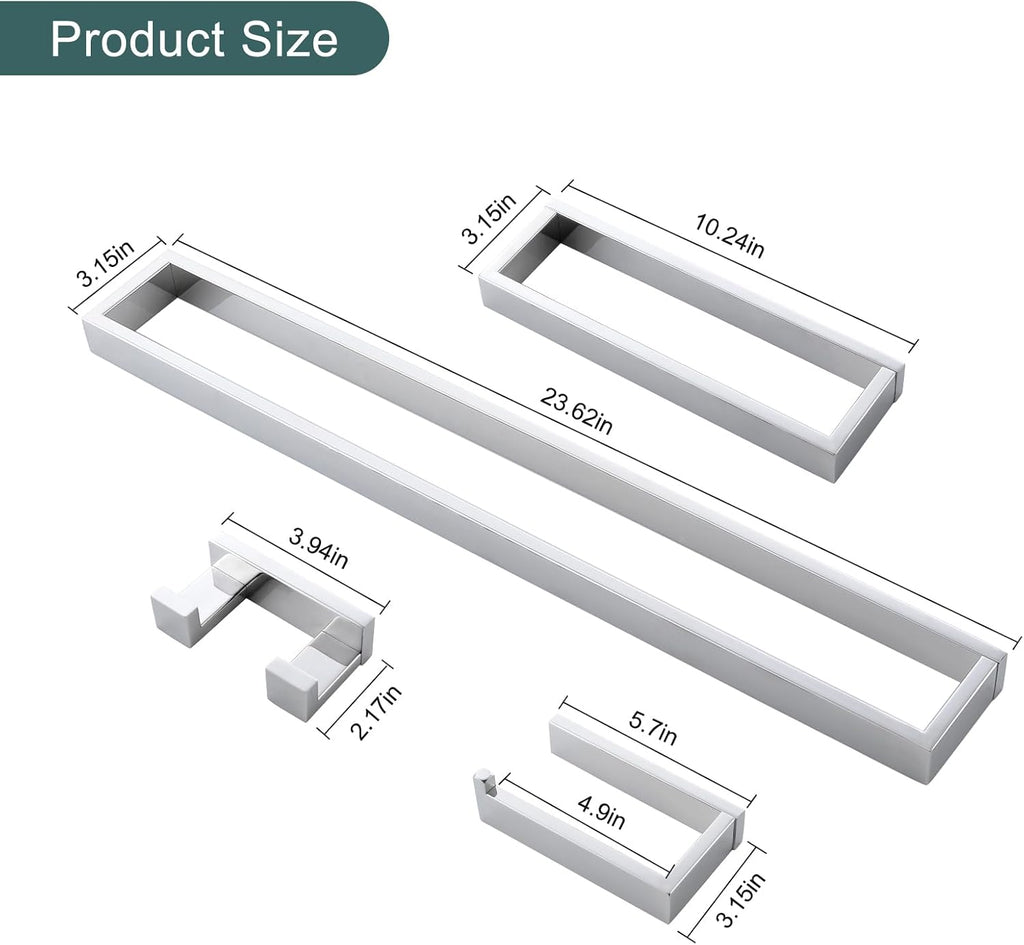 4-Pieces Bathroom Hardware Set, Polished Chrome Towel Bar Set, Wall Mounted Stainless Steel Bathroom Hardware