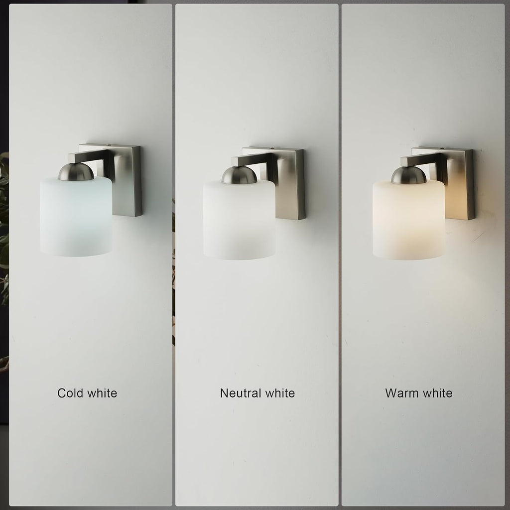 1-Light Brushed Nickel Bathroom Vanity Light with White Glass Shade | Over Mirror,Wall Sconce,ETL listed,Bathroom
