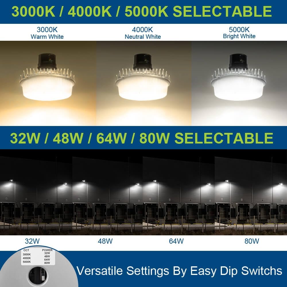 80W LED Dusk to Dawn Outdoor Light - Adjustable Wattage (80/64/48/32W) & 3 Color Temperatures (3000K/4000K/5000K)