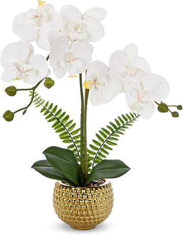 White Orchids Artificial Flowers in Gold Ceramic Pot, 15.7in