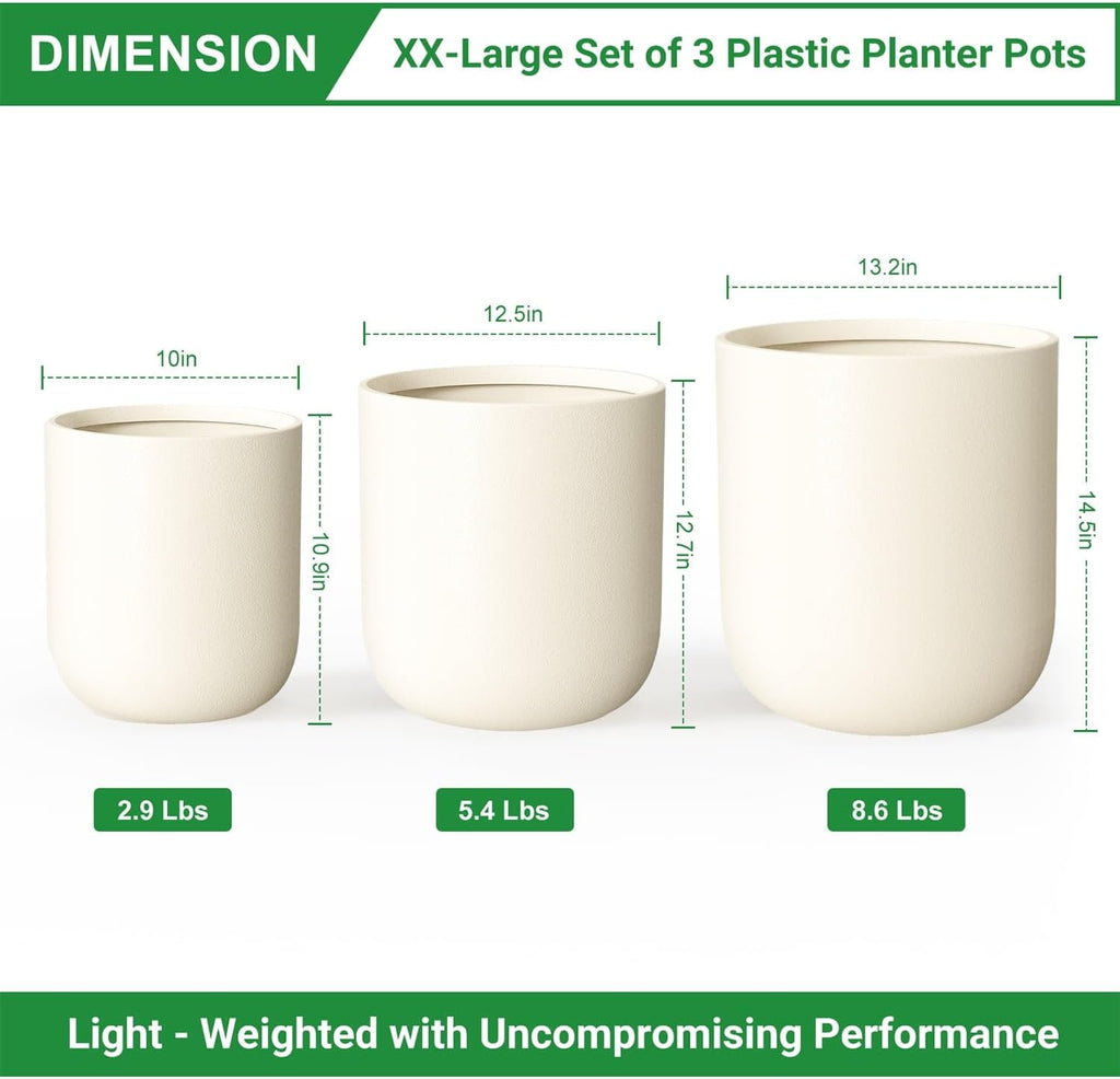 9.8",11.4",13" Dia Round Concrete-Like Planter Set of 3, Modern Style Large Cylindrical with Drainage Hole for Indoor