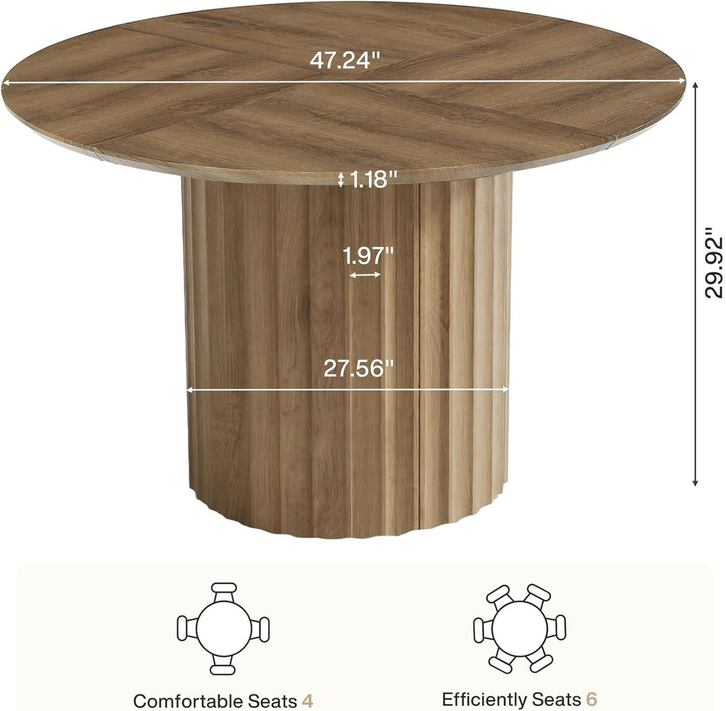 47-Inch Round Dining Table for 4-6, Modern Kitchen Table with Fluted Pedestal Base, Farmhouse Wood Dinner Furniture
