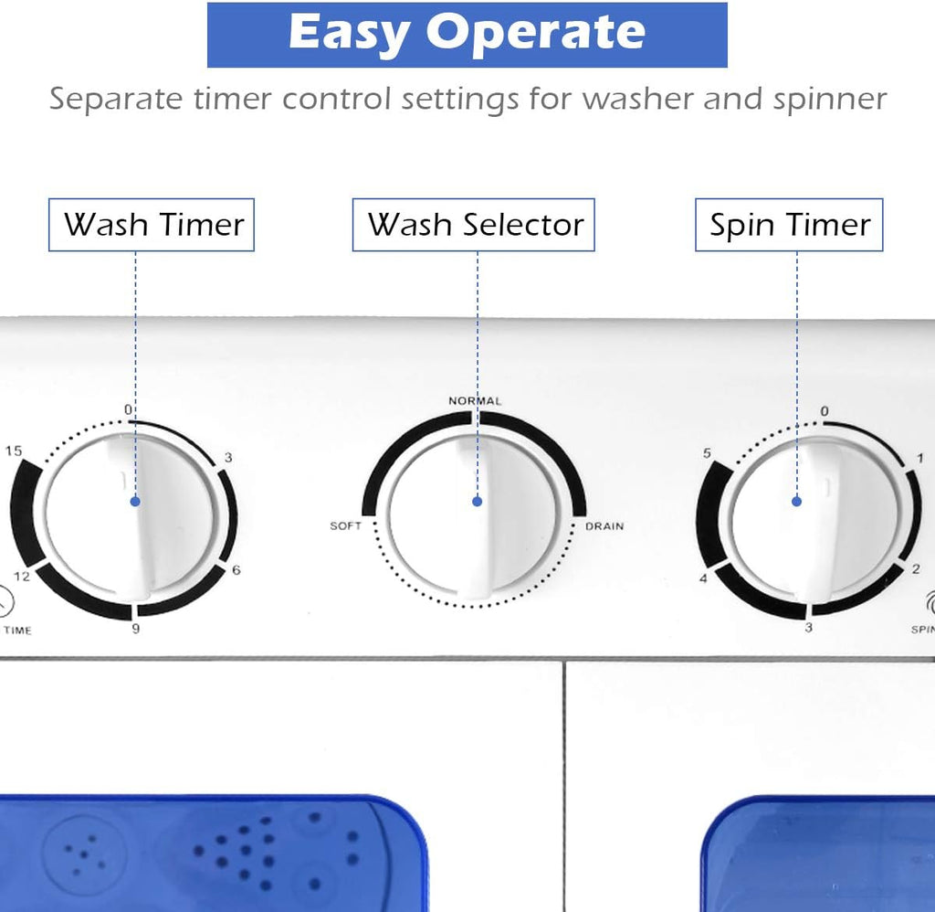 Portable Mini Compact Twin Tub Washing Machine 20lbs Washer Spain Spinner Portable Washing Machine, Blue+ White