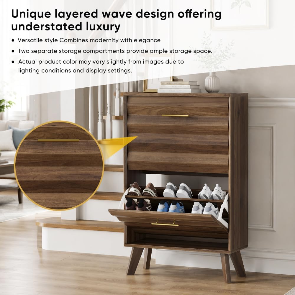 Slim Flip-Top Shoe Cabinet, Mid-Century Modern, 23.6in | Dual Tilt-Out Doors, Open Top Shelf, Angled Solid Wood Legs