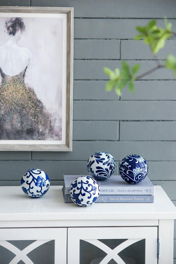 Set of 4 Porcelain Decorative Spheres - Handcrafted Blue and White Floral Orbs Decor, Tabletop Accent, Shelf Display